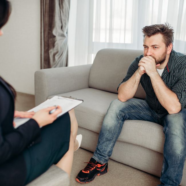 an adult man on a couch in front of a doctor giving an adult autism diagnosis