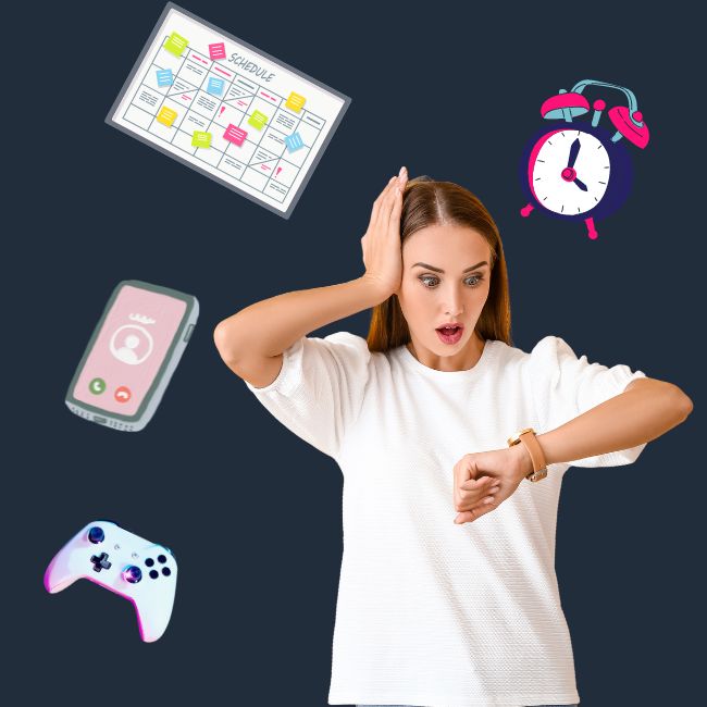 Autism-and-Time-Blindness - a female checking her watch with an alarm clock, calendar, phone and gaming stick floating around her